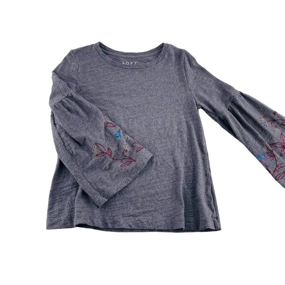 Loft Womens Gray Embroidered Bell Sleeve Top Size Medium Knit Pullover - Picture 1 of 5